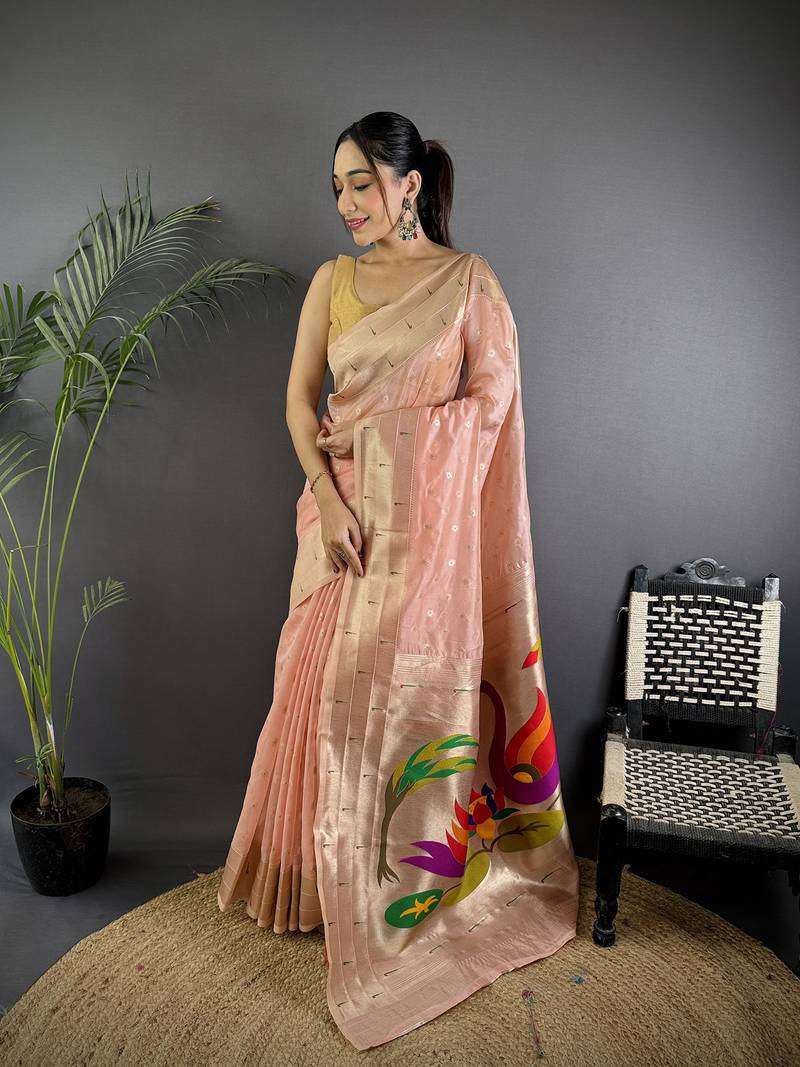 Coral pink heavy tissue mina butti zari weaving paithani saree