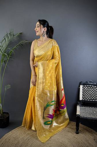 Yellow heavy tissue mina butti zari weaving paithani saree