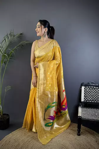 Yellow heavy tissue mina butti zari weaving paithani saree