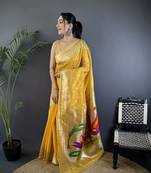 Yellow heavy tissue mina butti zari weaving paithani saree