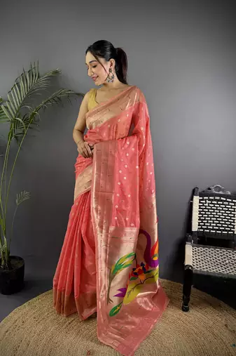 Pink heavy tissue mina butti zari weaving paithani saree