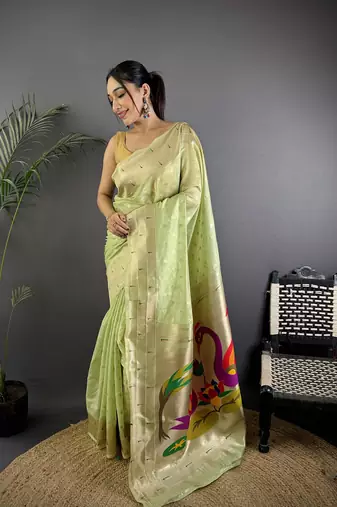 Olive green heavy tissue mina butti zari weaving paithani saree