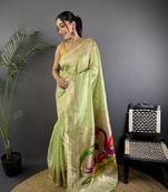 Olive green heavy tissue mina butti zari weaving paithani saree