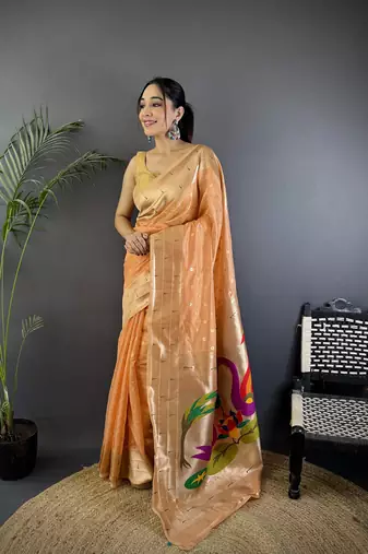 Peach heavy tissue mina butti zari weaving paithani saree