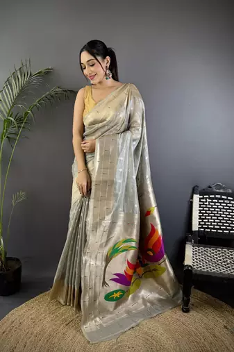 Grey heavy tissue mina butti zari weaving paithani saree