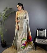 Grey heavy tissue mina butti zari weaving paithani saree