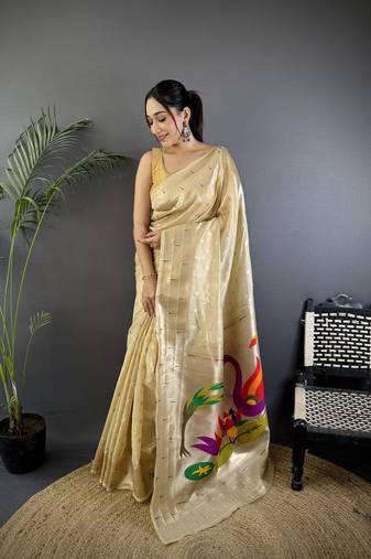 Beige heavy tissue mina butti zari weaving paithani saree