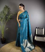 Firozi lichi blend silk flower zari weaving banarasi saree