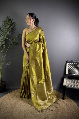 Olive green lichi blend silk flower zari weaving banarasi saree