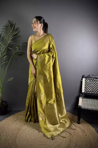 Olive green lichi blend silk flower zari weaving banarasi saree