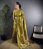 Olive green lichi blend silk flower zari weaving banarasi saree