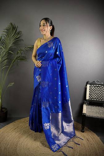 Royal blue lichi blend silk flower zari weaving banarasi saree