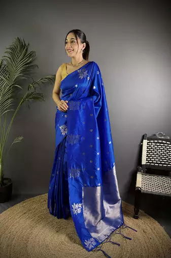Royal blue lichi blend silk flower zari weaving banarasi saree