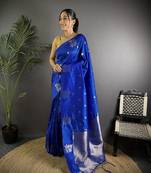 Royal blue lichi blend silk flower zari weaving banarasi saree