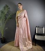 Baby pink lichi blend silk flower zari weaving banarasi saree