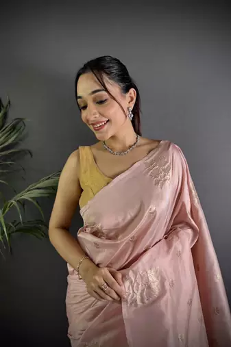 Baby pink lichi blend silk flower zari weaving banarasi saree