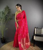 Red lichi blend silk flower zari weaving banarasi saree