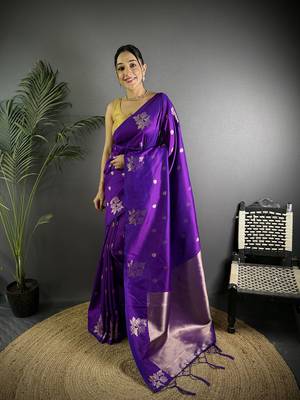 Violet lichi blend silk flower zari weaving banarasi saree 1