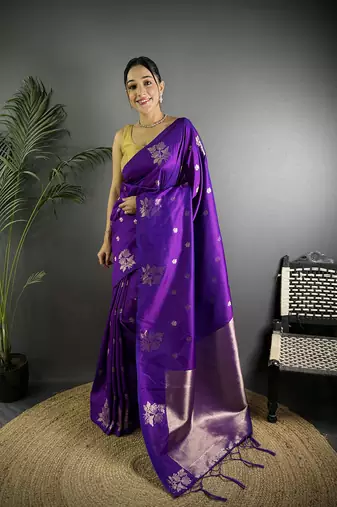 Violet lichi blend silk flower zari weaving banarasi saree