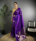 Violet lichi blend silk flower zari weaving banarasi saree