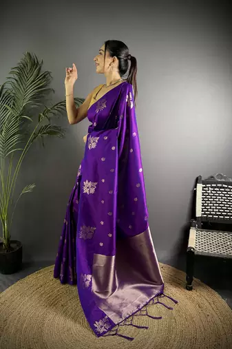 Violet lichi blend silk flower zari weaving banarasi saree