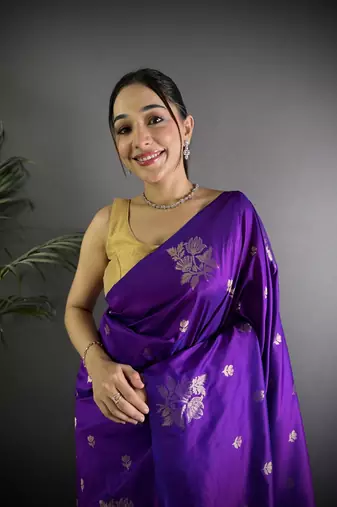 Violet lichi blend silk flower zari weaving banarasi saree