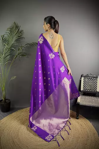 Violet lichi blend silk flower zari weaving banarasi saree