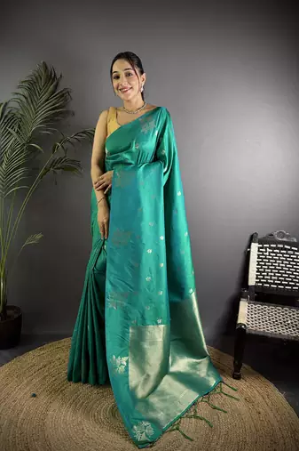 Teal lichi blend silk flower zari weaving banarasi saree