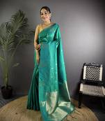 Teal lichi blend silk flower zari weaving banarasi saree