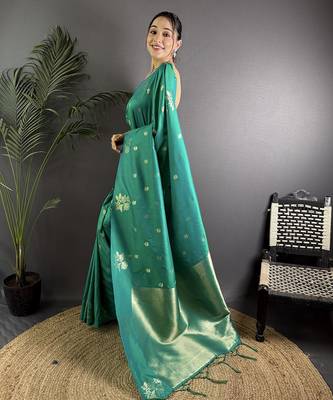 Teal lichi blend silk flower zari weaving banarasi saree 2