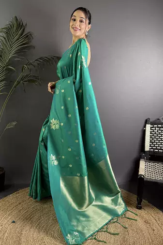 Teal lichi blend silk flower zari weaving banarasi saree