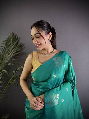 Teal lichi blend silk flower zari weaving banarasi saree 3