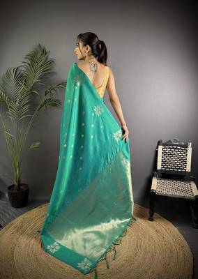 Teal lichi blend silk flower zari weaving banarasi saree 4