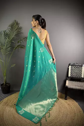 Teal lichi blend silk flower zari weaving banarasi saree
