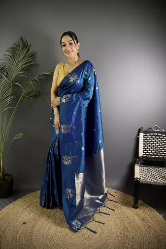 Blue lichi blend silk flower zari weaving banarasi saree