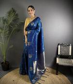 Blue lichi blend silk flower zari weaving banarasi saree