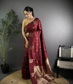 Maroon lichi silk flower zari weaving banarasi saree