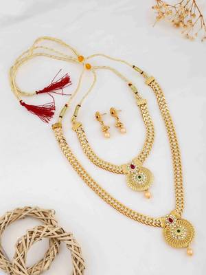 Traditional gold plated  necklace set with earrings for women – temple jewellery with kundan & pearl detailing 1