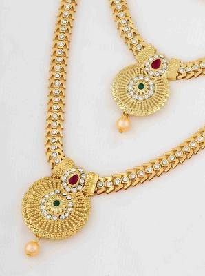 Traditional gold plated  necklace set with earrings for women – temple jewellery with kundan & pearl detailing 3