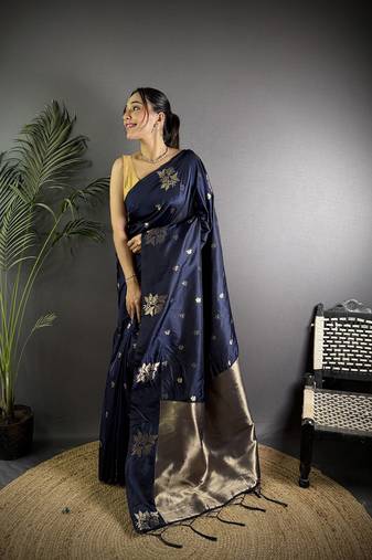 Navy blue lichi blend silk flower zari weaving banarasi saree