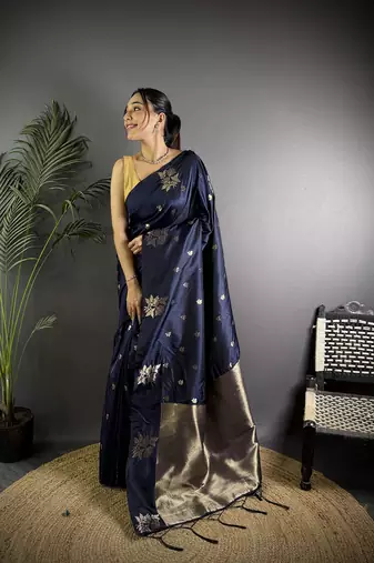 Navy blue lichi blend silk flower zari weaving banarasi saree