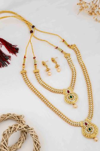 Traditional gold plated  necklace set with earrings for women – temple jewellery with kundan & pearl detailing