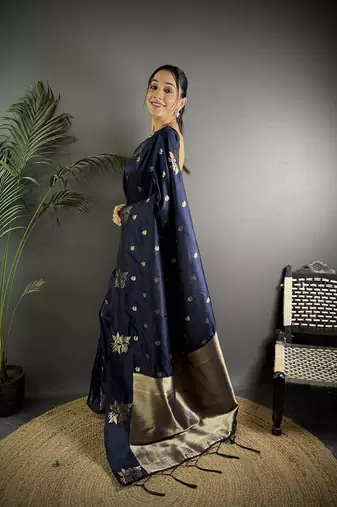 Navy blue lichi blend silk flower zari weaving banarasi saree
