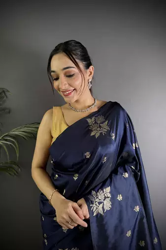 Navy blue lichi blend silk flower zari weaving banarasi saree