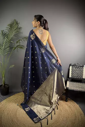 Navy blue lichi blend silk flower zari weaving banarasi saree