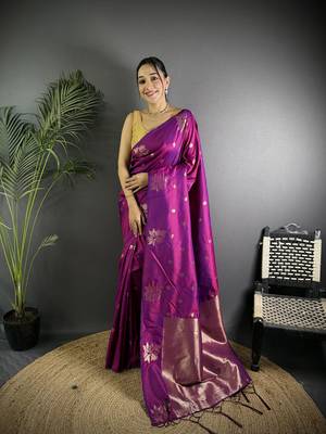 Purple lichi silk blend flower zari weaving banarasi saree 1