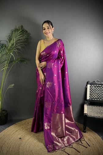 Purple lichi silk blend flower zari weaving banarasi saree