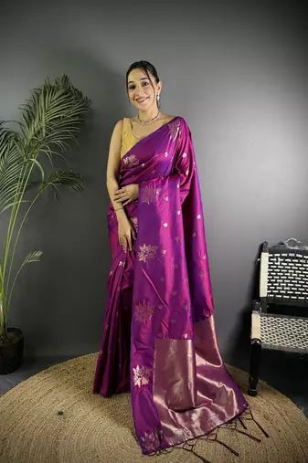 Purple lichi silk blend flower zari weaving banarasi saree