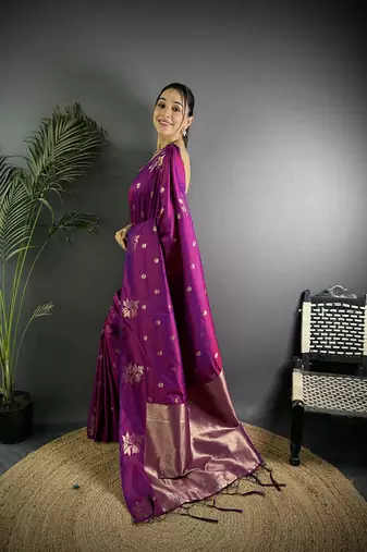 Purple lichi silk blend flower zari weaving banarasi saree