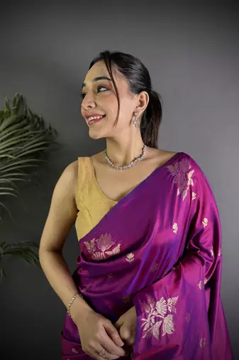 Purple lichi silk blend flower zari weaving banarasi saree